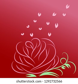 A vector of pink rose flower and leaf in heart shape float in the air; draw by art brush in valentine day concept. 