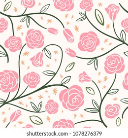 Vector Pink Rose Garden seamless background. Spring Rose Vines. Perfect for wallpaper, scrapbooking, fabric projects