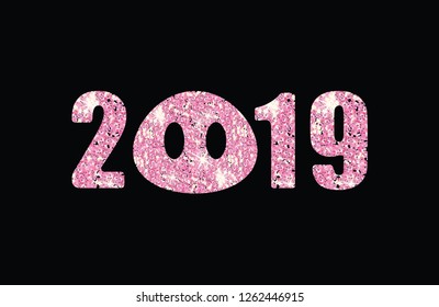 Vector pink rose glitter 2019 new year lettering banner with pig nose isolated on black 