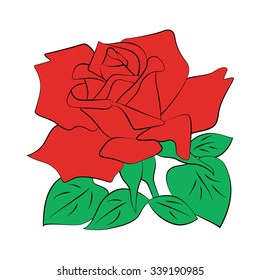 Vector pink rose with leaf on white background.