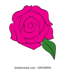 Vector pink rose with leaf on white background.