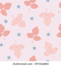 Vector pink rose leaves and blue star on white background seamless repeat pattern. Great for sweet-themed fabric, wallpaper, scrapbooking projects, packaging.