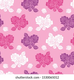 Vector pink roses and berries seamless pattern. Solid filled white, pink and purple repeated elements. Perfect for fabric, scrapbooking and wallpaper projects.