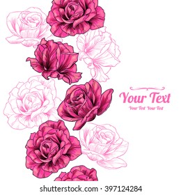 Vector pink  roses flowers vertical frame seamless pattern background . Invitation or greeting card design.Vector illustration