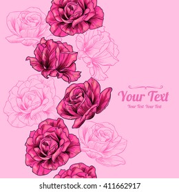 Vector pink  roses flowers vertical frame  pattern background . Invitation or greeting card design.Vector illustration