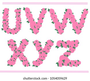 Vector pink roses font - U, V, W, X, Y, Z, decor letters