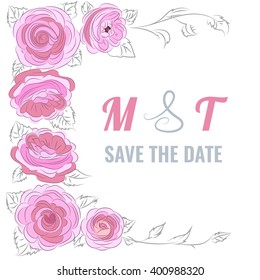 Vector pink roses isolated on white background. Element for design. Hand-drawn contour lines and strokes.