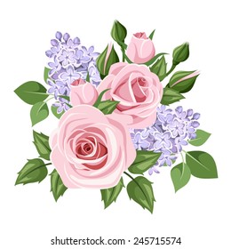 Vector pink roses and lilac flowers isolated on a white background.