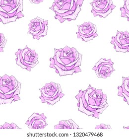 Vector pink roses seamless background. Flowers illustration front view. Pattern in romantic style for design of fabrics