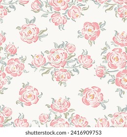 Vector Pink Roses Vintage Floral Background. Rose Flower Bouquets Seamless Pattern. Flowers and Leaves.  Shabby chic Wallpaper. Millefleurs Liberty Style Design.