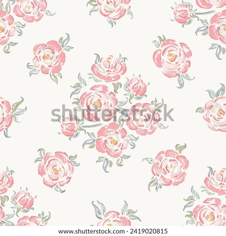 Vector Pink Roses Vintage Floral Background. Rose Flower Bouquets Seamless Pattern. Flowers and Leaves. Shabby chic Wallpaper. Imagine de stoc © 