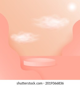 Vector pink round podium with clouds, pedestal or platform, background for cosmetic product presentation. 3d podium. Advertising place. Blank product stand background in pastel colors