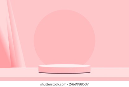 Vector pink round podium, pedestal or platform, background for cosmetic product presentation. 3d podium. Advertising place. Blank product stand background in pastel colors