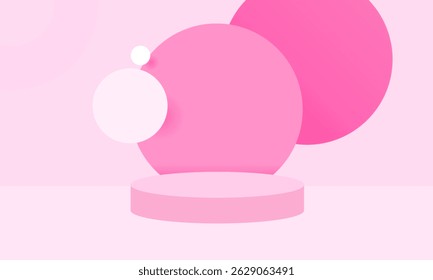 Vector pink round podium, pedestal or platform, background for cosmetic product presentation. 3d podium. Advertising place. Blank product stand background in pastel colors