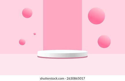 Vector pink round podium, pedestal or platform, background for cosmetic product presentation. 3d podium. Advertising place. Blank product stand background in pastel colors