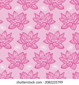 Vector pink rows of lotus flower and lily pads repeat pattern 02. Suitable for textile, gift wrap and wallpaper.