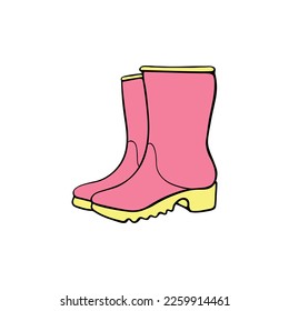 Vector pink rubber rain boots for rainy weather or gardening. Hand drawn color element of clothes, clip art in doodle flat style, isolated