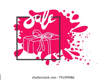 Vector pink sale template of gift box in cartoon style. Doodle box icon with ribbon. Gift wrap. Gift package. Sketch isolated on white background. Art illustration Price tag, sticker, badge, poster