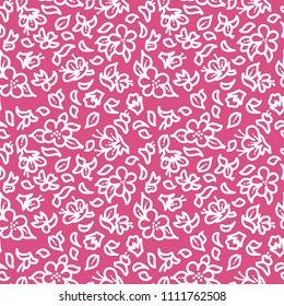 Vector pink seamless floral pattern. White linear tiny flowers and pinnate leaves on pink background. Bright spring and summer boundless backgrounds. Tileable design elements.