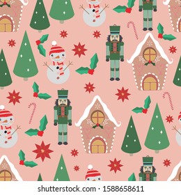 Vector pink seamless pattern background with snowman, ginger house, nutcracker and trees. 