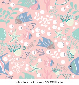 Vector pink seamless pattern background with colorful fish, starfish, bubbles and algae.
