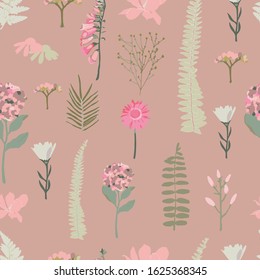 Vector pink seamless pattern background with flowers. 