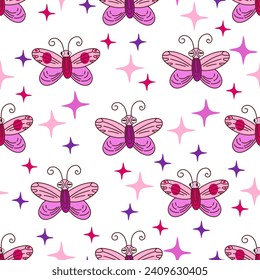 Vector pink seamless pattern with butterflies and moths