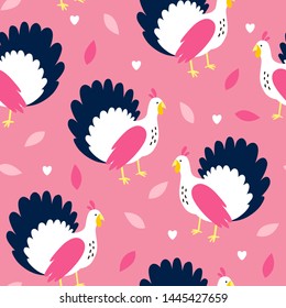 Vector pink seamless pattern with cute turkey. Repeated texture with birds for fall season. Hand drawn print for fabric and wrapping paper. Thanksgiving day symbol.