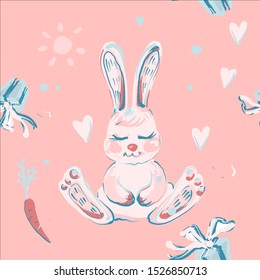 Vector pink seamless pattern with cute bunny, carrots, hearts and gift boxes