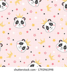 Vector pink seamless pattern with cute princess panda, crowns and stars. Magic colorful cartoon grid background