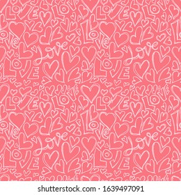 Vector pink seamless pattern with doodle heart and love lettering. Valentines day and wedding sketch background. Vector illustration.