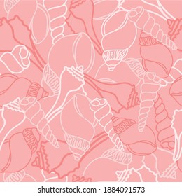 Vector Pink Seashells seamless pattern perfect for invitations, packaging, wallpaper, fabric, and scrapbooking papers.  Contact me for custom projects-fine art, illustrations, and vector designs.  