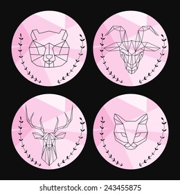 Vector pink set with geometric polygon animal of triangles. Deer, bear, goat, cat. Origami style.