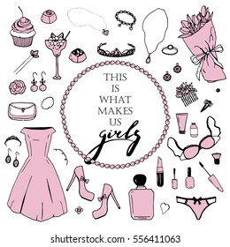 Vector pink set of girl's items with handwriting phrase in the middle