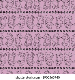 Vector pink shiba inu puppy dogs rows sketch repeat pattern. Suitable for gift wrap, textile and wallpaper.