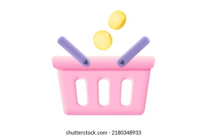 Vector pink shopping basket with money in realistic 3d style. Vector illustration of pink shopping basket with coins on isolated background.
