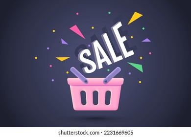 Vector pink shopping basket in realistic 3d style for sale. Vector illustration of pink shopping basket on dark background for black friday.