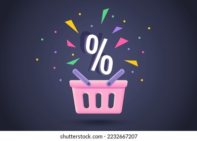 Vector pink shopping basket in realistic 3d style for sale. Vector illustration of pink shopping basket on dark background for black friday.