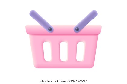 Vector pink shopping basket in realistic 3d style. Vector illustration of pink shopping basket on isolated background.