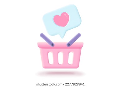 Vector pink shopping basket in realistic 3d style with like icon. Vector illustration of pink shopping basket on isolated background.