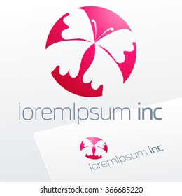 Vector pink sign with butterfly. Logo for Cosmetics, Fashion