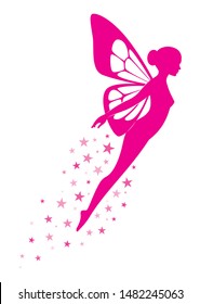 Vector pink silhouette of cute flying woman with butterfly wings. Isolated on white background