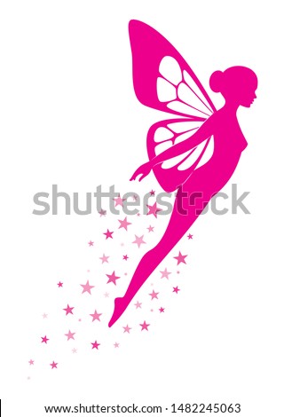Vector pink silhouette of cute flying woman with butterfly wings. Isolated on white background