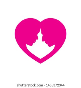 Vector pink silhouette heart with two characters inside - woman and man. Isolated on white background