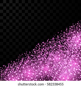 Vector pink sparks and glowing starlight on transparent background. Glittering light effect with magic flares and bokeh.