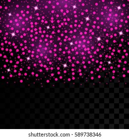 Vector pink sparks and glowing starlight on transparent background. Glittering light effect with magic flares and bokeh.