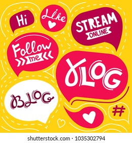 Vector pink speech bubbles with phrases on blogs. Yellow background