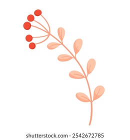 Vector pink sprig of red wild berries isolated on white background. Vector illustration of a branch of cranberry, barberry, lingonberry in a flat style.