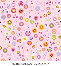 Vector pink spring floral butterfly ladybird beetle seamless pattern background. Use for fabric, wallpaper, design and scrapbooking projects.