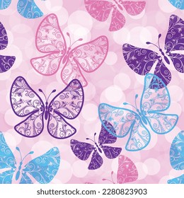 Vector pink spring seamless pattern with flying lacy butterflies, bokeh effect